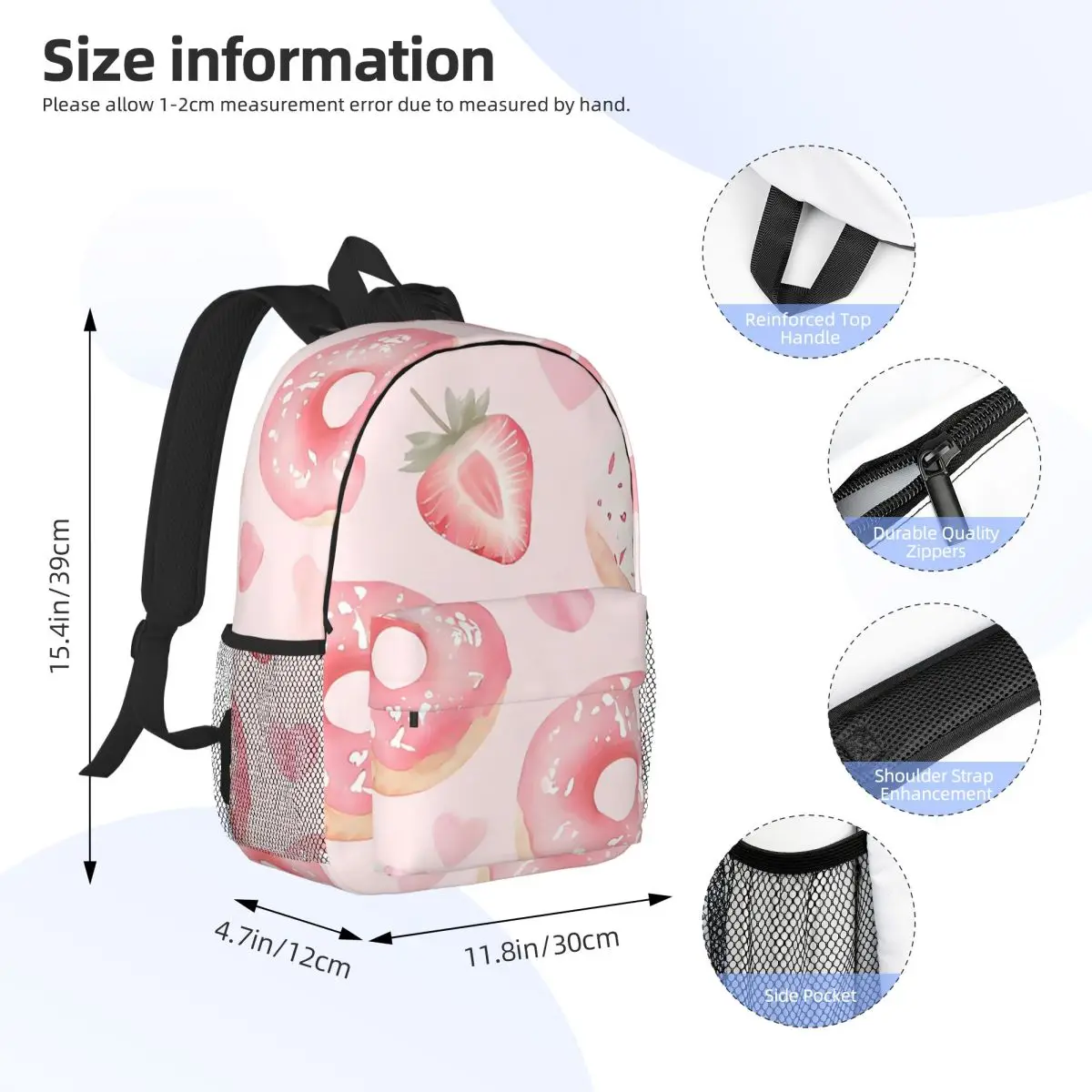 Cute Donut And Strawberries Backpack Daypack Large Capacity Boys Girls BookBag Shoulder Bags for Men Women Children School Bag