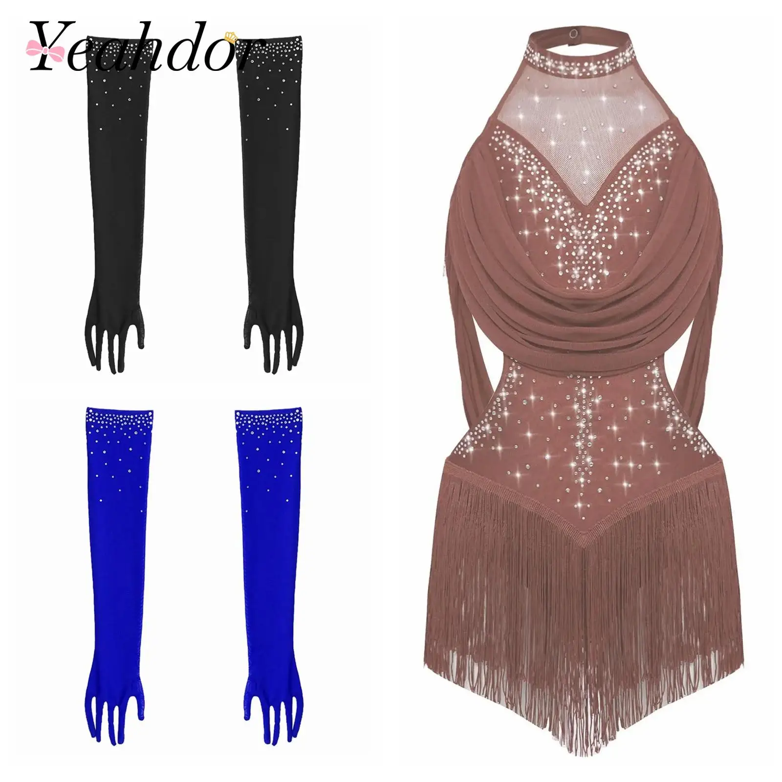 Kids Girls Latin Dance Bodysuit + Mesh Gloves Costume Accessories Children's School Uniform Tango Chacha Salsa Dancewear Sets