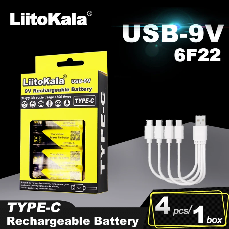 4pcs LiitoKala High Capacity USB Battery 9V 1100mAh Li-ion Battery For Toys Remote Control Dropshipping+4-in-1cable