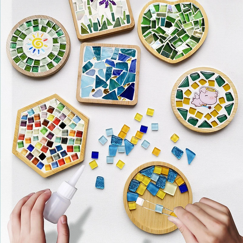 Handgemachte DIY Mosaik Tasse Matte Unten Bambus Pad Herz Quadrat Untersetzer Eltern-Kind Frühe Bildung Freie Schöpfung Handwerk Spielzeug