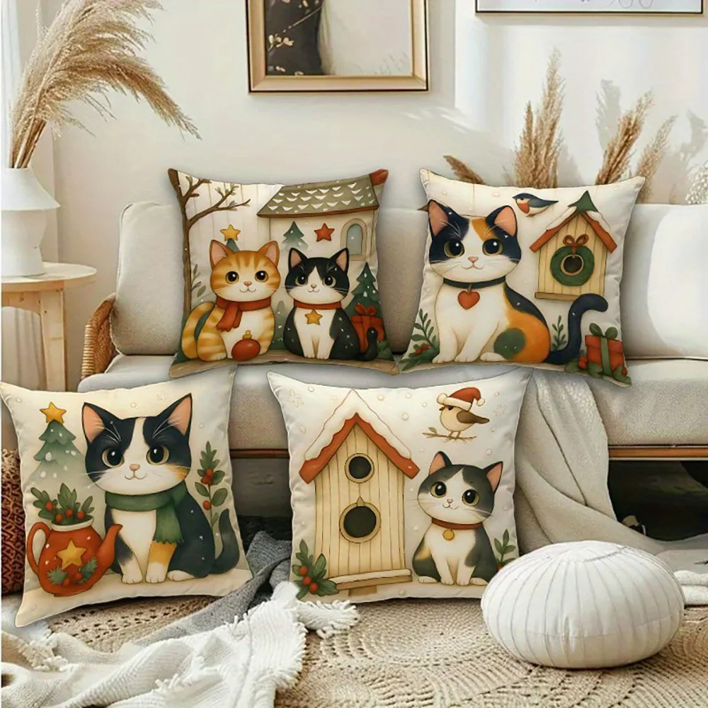 1PC 2D Flat Christmas Cute Cats Throw Pillow Covers Winter Holiday Farmhouse Cushion Cases for Home Bed Decor No Pillow Core