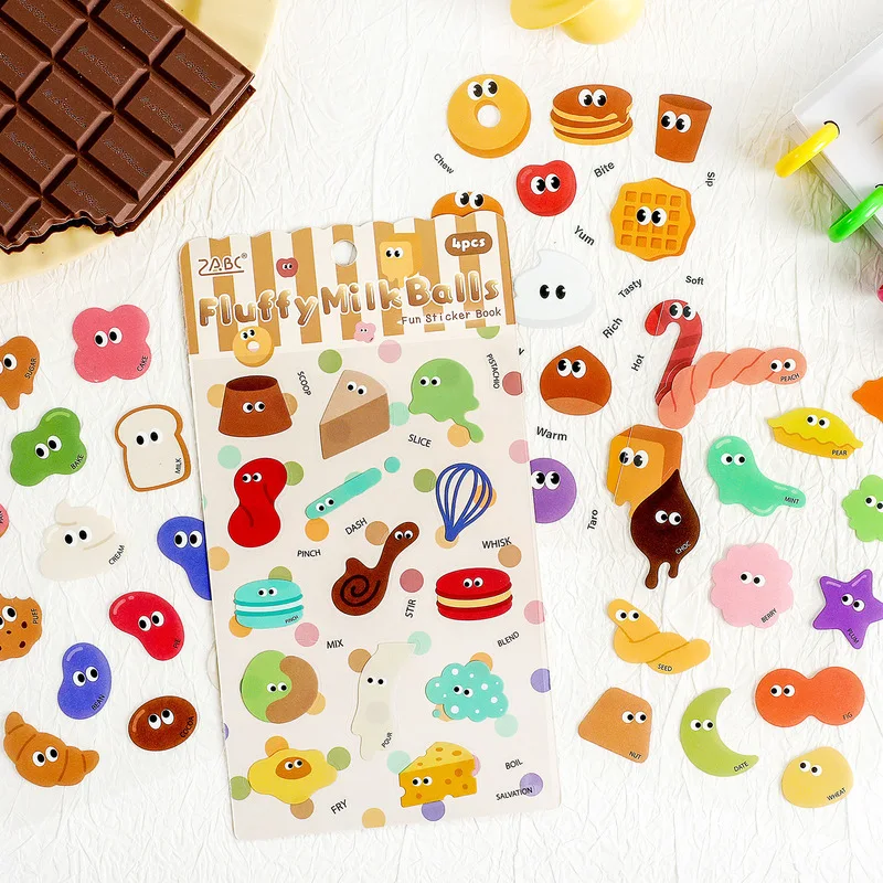 4Pcs PET Colorful Candy Series Stickers, Cute Cartoon Monster Decor Stickers for Junk Journal Collage Supplies