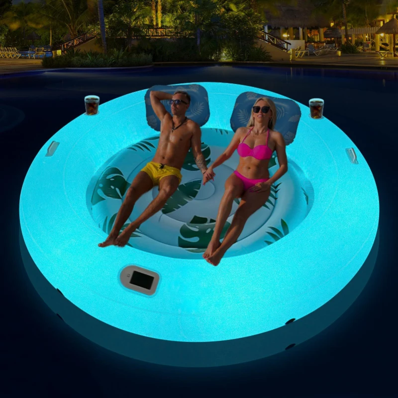 Water Inflatable Double Floating Bed Solar Light Luminous Tanning Pool Round Adult Lounge Chair LED Light