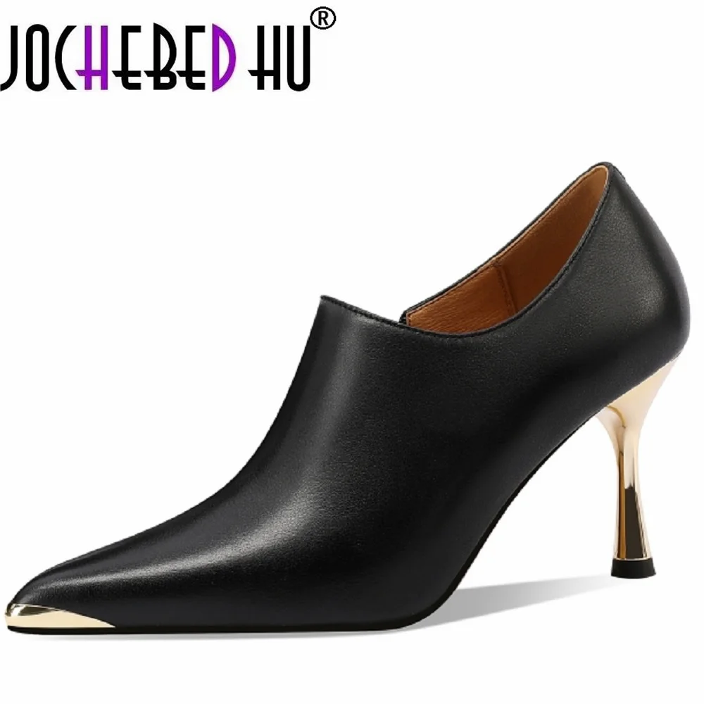 

【JOCHEBED HU】Women New Handmade Brand Genuine Leather Shoes Pointed Toe Thin Heel Solid High Heels for Sexy Shoes 33-43