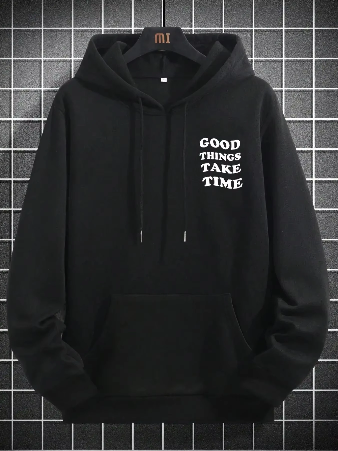 Men's 'Good Things Come to Those Who Wait' Patterned Comfortable Hoodie, Retro Floral Letter Print Drawstring Pocket Long-Sleeve