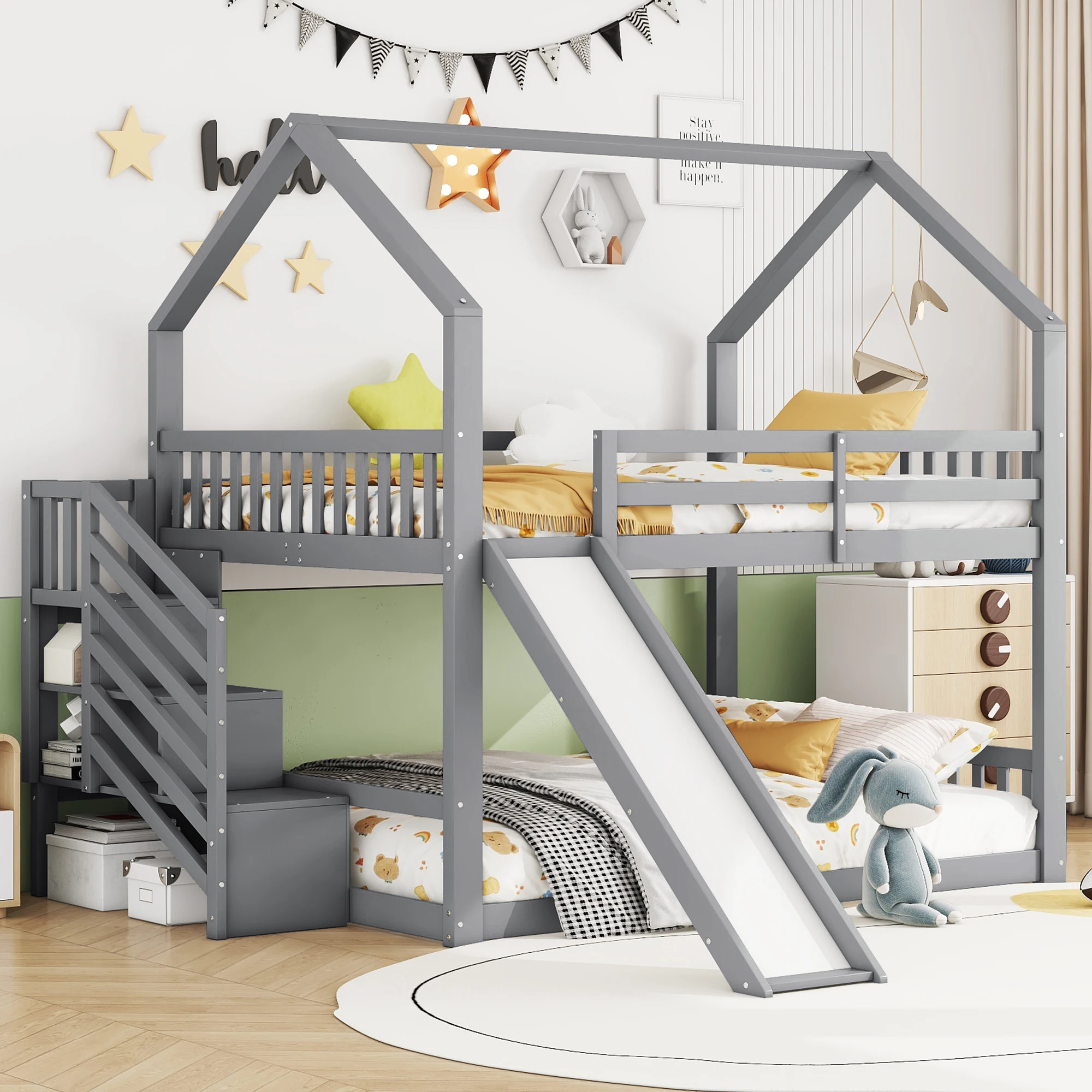 140x200 cm bunk bed with storage stairs and slide, children's bed with railing, suitable for children and teenagers, Gray