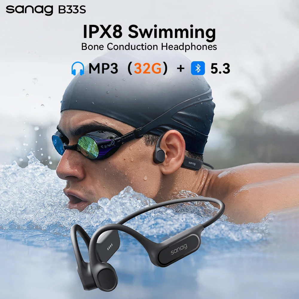 Écouteurs de natation Sanag B33S IPX8 à conduction osseuse, Bluetooth, à oreille ouverte, avec 32 Go de mémoire, sans fil, MP3