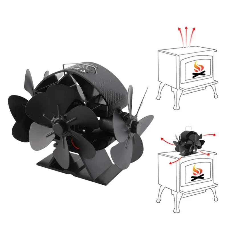 Heat Powered Stove Fan 3 Heads 18 Blade Aluminum 270 Degree Blowing Fireplace Fan With Protective Cover Handle For Home Wood