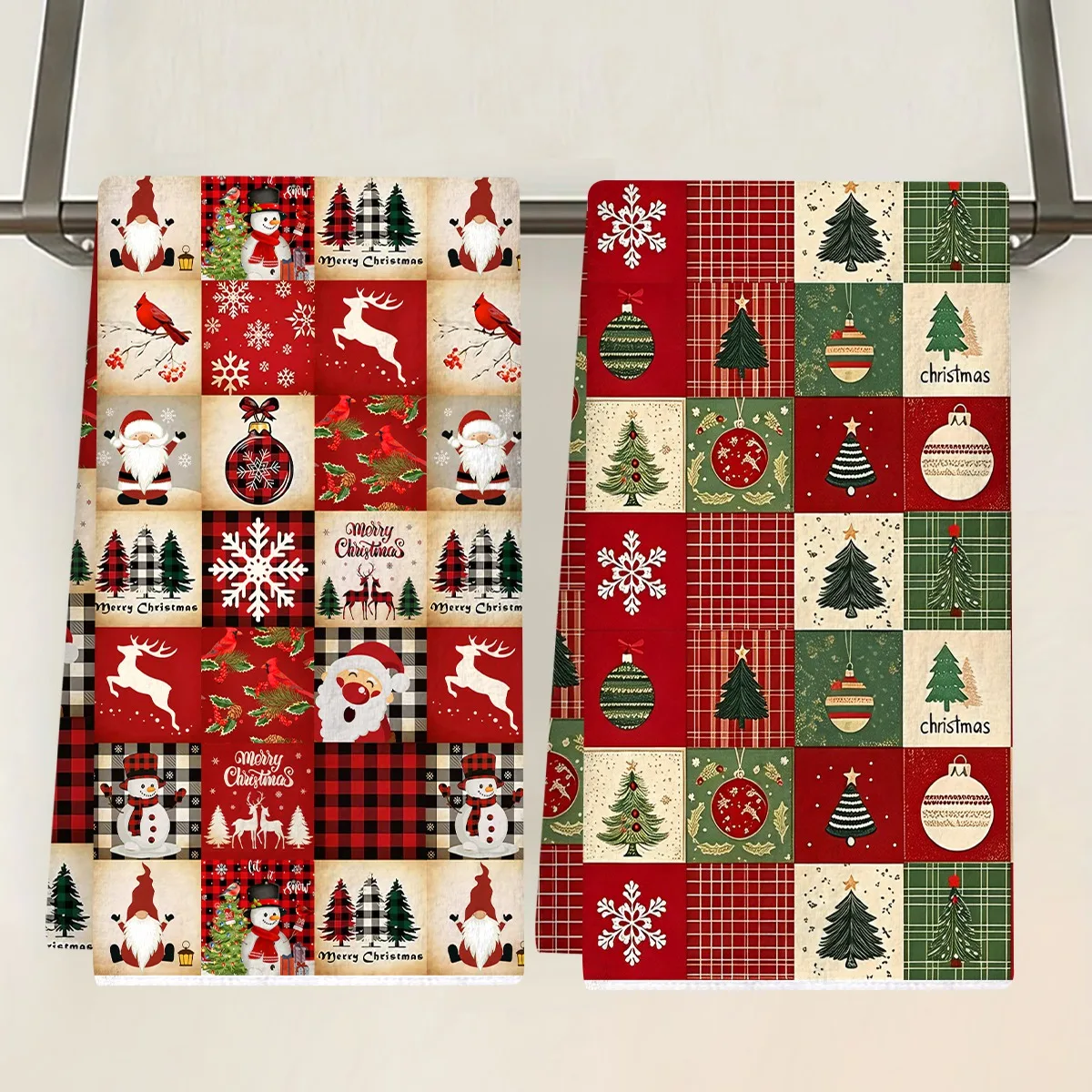 2pcs Christmas Themed Kitchen Towels 40*48cm Buffalo Plaid Mixed Patterns Polyester Clothing Cloth for Home Kitchen Party Decor