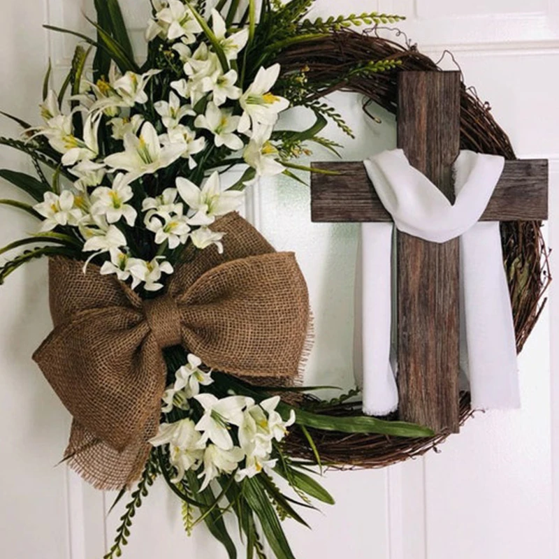 Corona di croce di Pasqua per porta d'ingresso o parete Fiore artificiale Fiocco di giglio Sciarpa di seta Ghirlanda religiosa Ghirlanda primaverile Decorazione pasquale