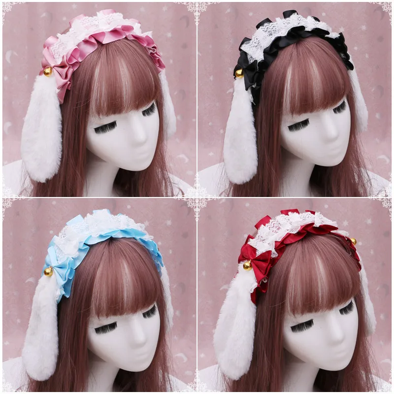 Lolita Headband Plush Rabbit Bunny Ears Hair Hoop Girl Halloween Costume Cosplay Party Headdress Sweet Bowknot Hair Accessories