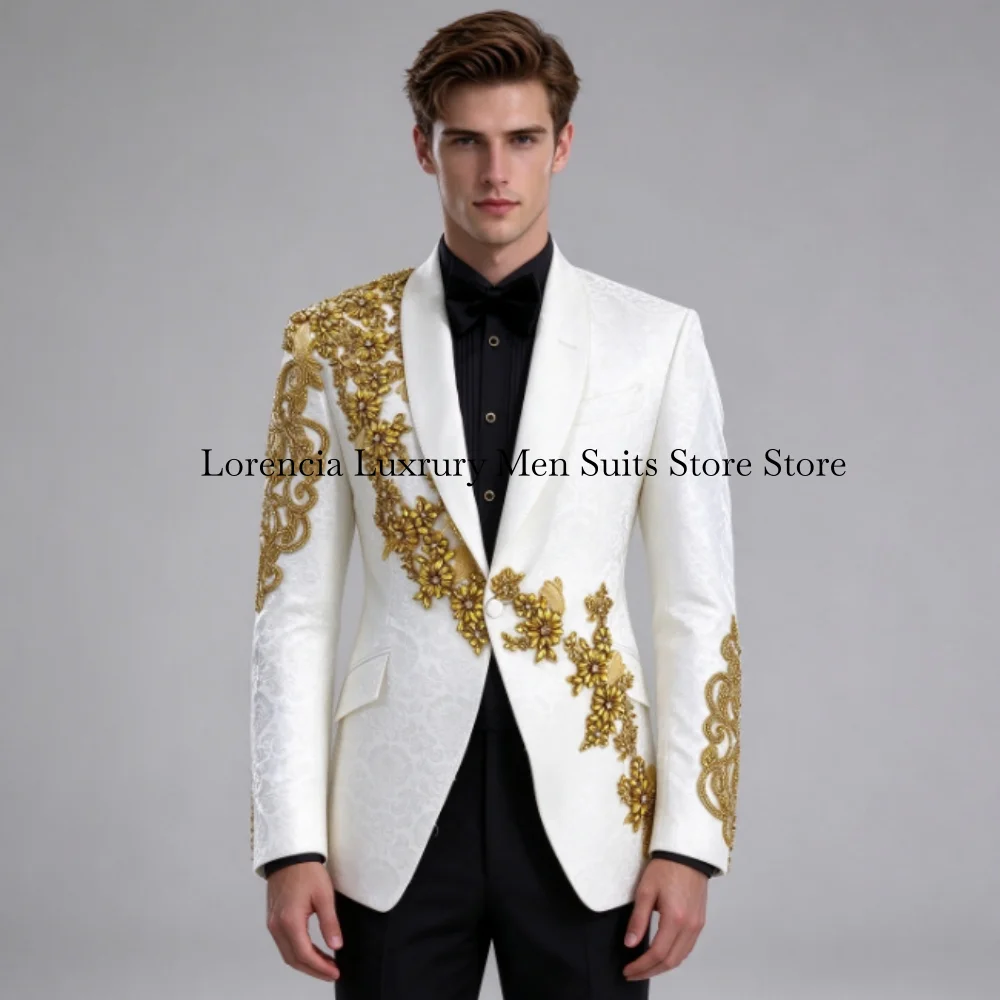 Sparkly Jewelry Jacquard For Men Suit Customized Crystal 2 Pieces Groom Male Blazers Ropa hombre Gorgeous Slim Wedding Tuxedos