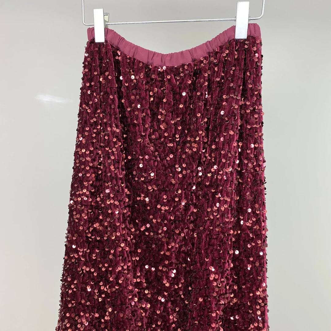 Early Autumn New Style Corduroy Sequined Mid-Length Skirt Elastic Waist Red High Waist Slimming Slit For Women