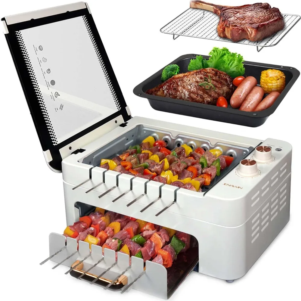 Smoke free electric barbecue grill with automatic 360 ° rotating grill. Equipped with a detachable baking tray