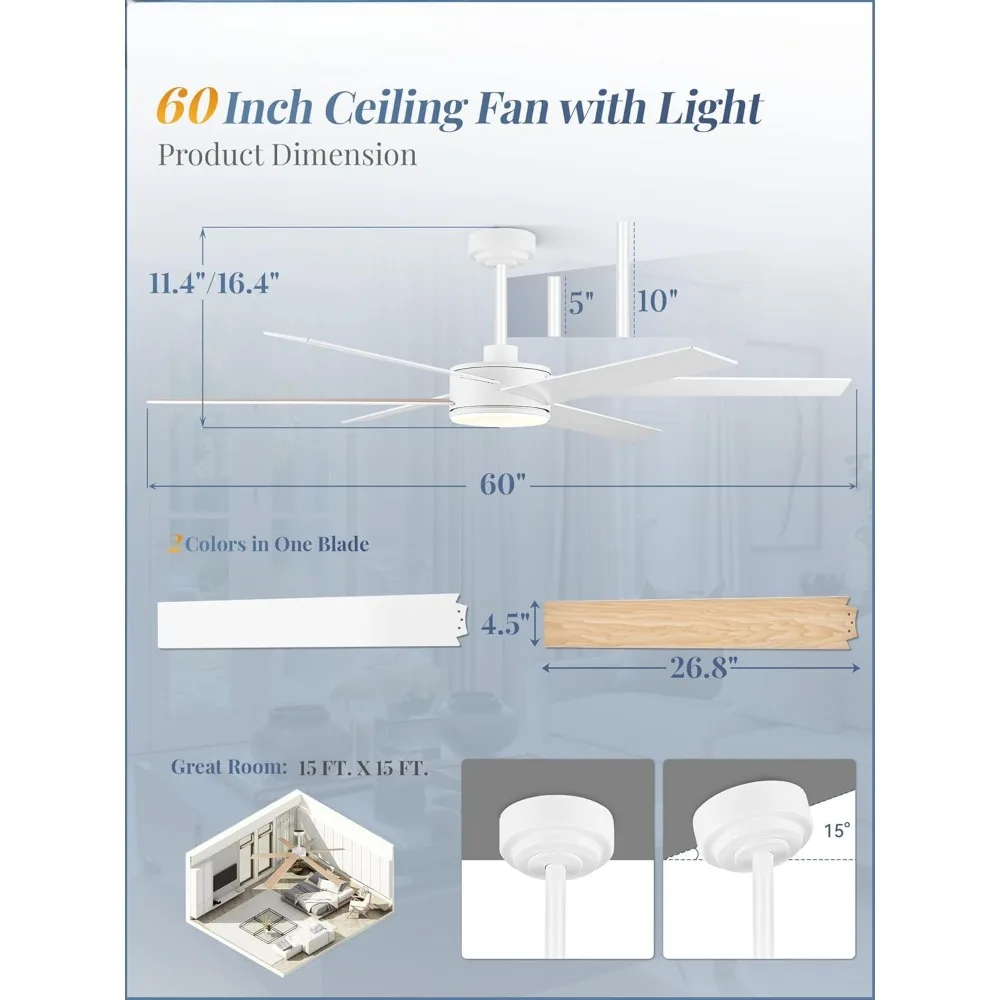 60 Inch Ceiling Fans with Lights and Remote, Reversible 6 Blades & Dimmable 3-Color Outdoor Ceiling Fans for Patios
