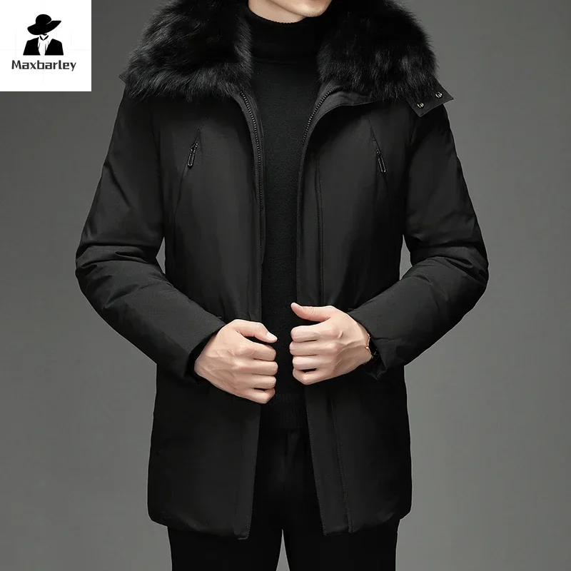 Luxury Winter Men\'s Down Jacket Business Soft Comfortable Big Fur Collar Hooded Feather Duck Coat Man Trendy Warm Puffer Jacket