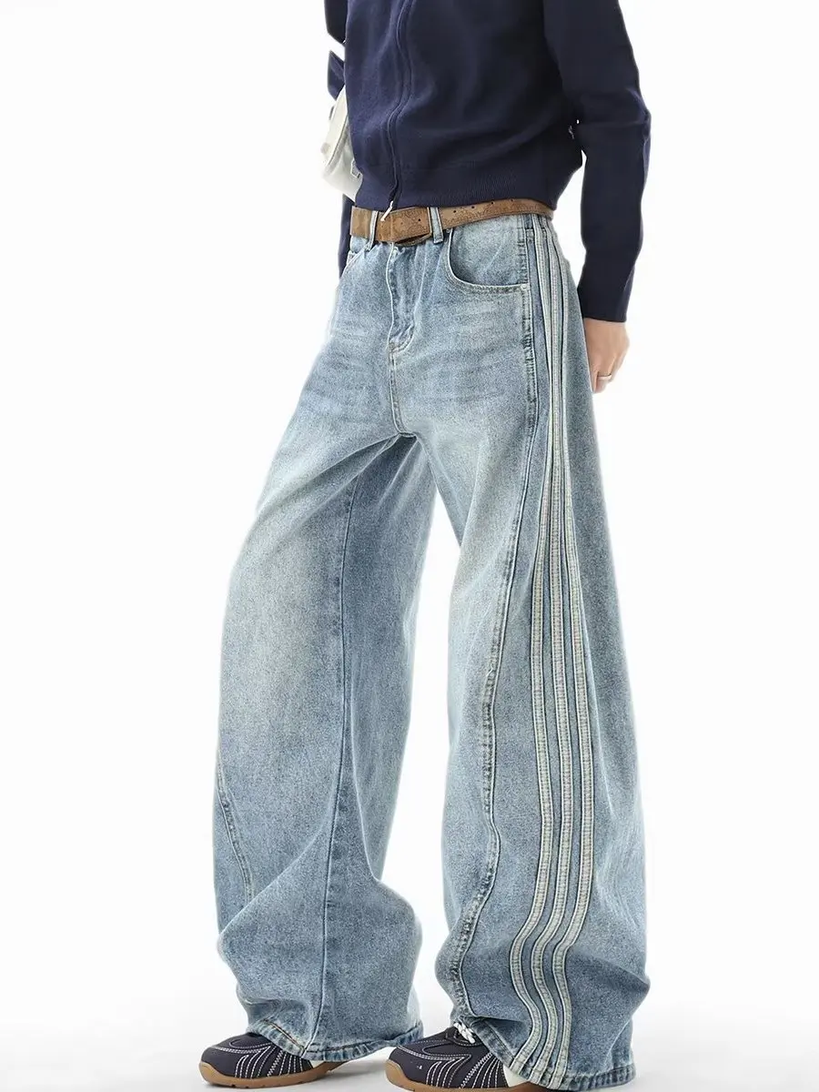 

Джинсы с ножом в американскую полоску по бокам, свободные расклешенные брюки для мужчин и женщин, осенние винтажные широкие брюки Haome