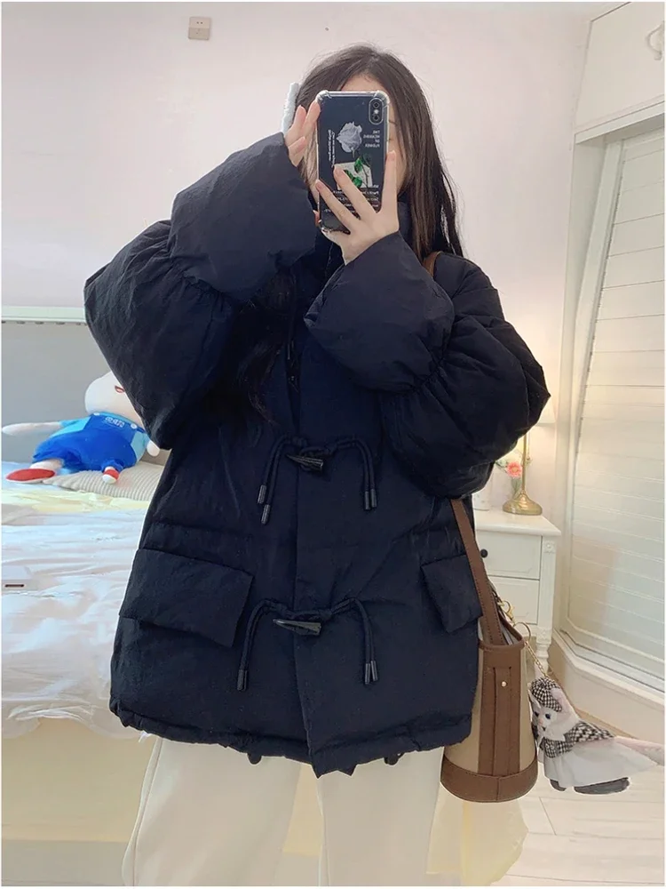 New Cow Horn Buckle 2024 Winter Parkas Women Short Down Cotton Loose Thick Coat Woman