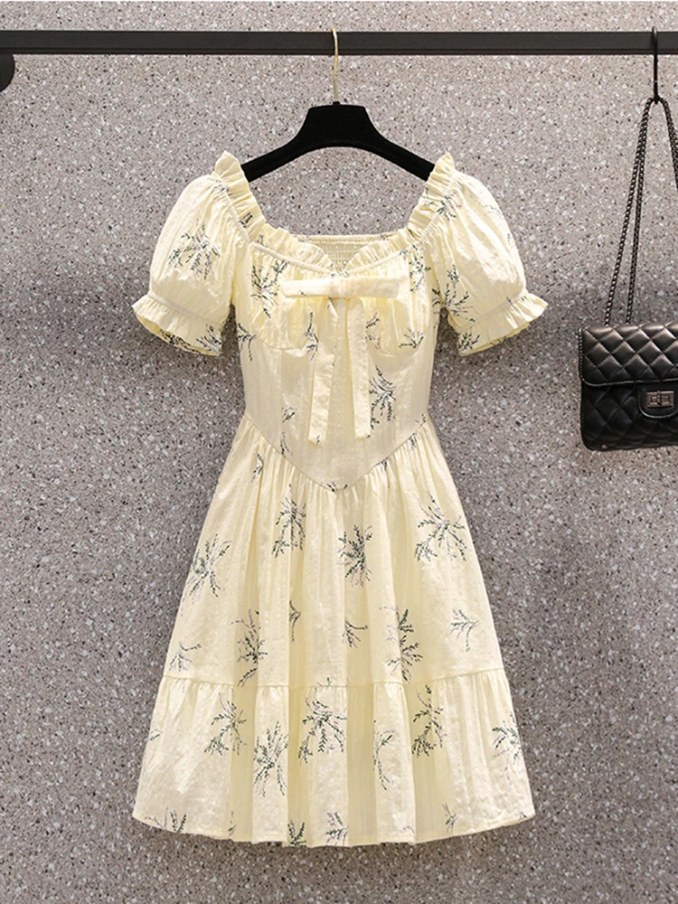 2024 New Summer Bow Flower Printing Chic Midi Elegant Dress Korean Casual Light Colour Dress Women Sweet Beach Style Party Dress