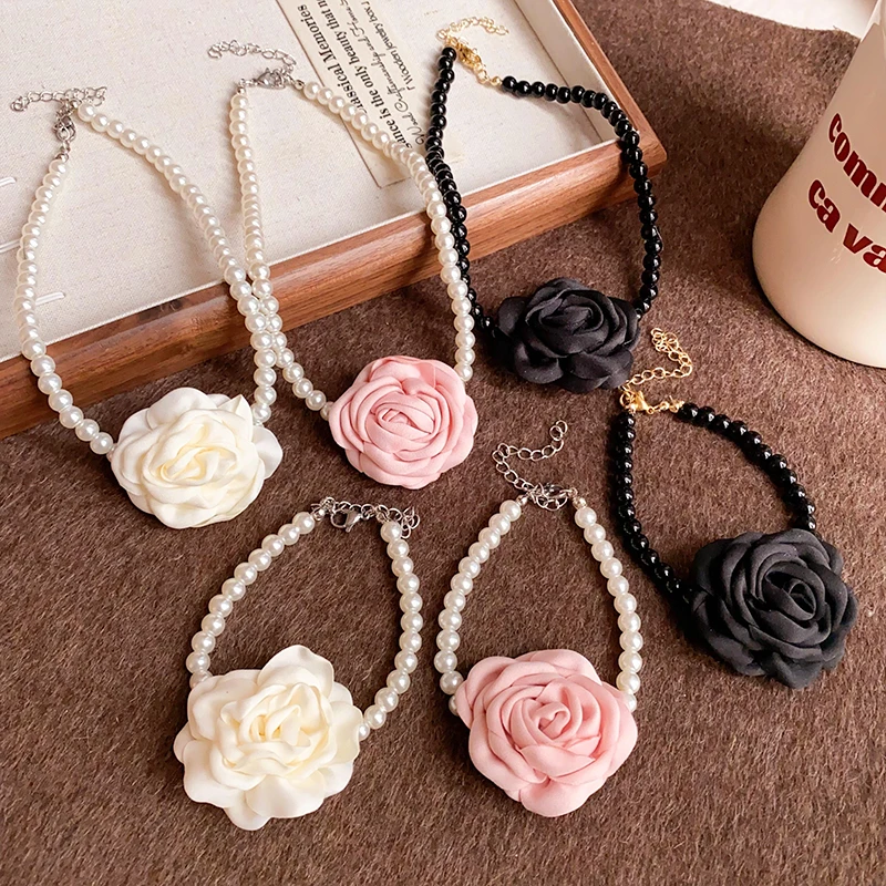 Romantic Pink Rose Flower Necklace Bracelet Jewelry Set Elegant Imitation Pearl Chain Choker Necklaces Bangles For Party Wedding