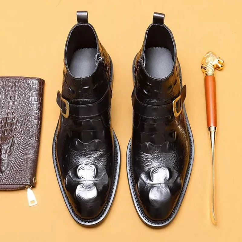 High-end Buckle  High-top Leather Shoes Men's Crocodile Pattern Ankle Boots Men Short Leather Boots New Chelsea Boots