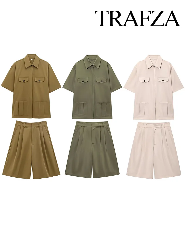 

TRAFZA Women Summer Solid 2-Piece Set Lapel Button Pocket Decoration Short Sleeve Shirts+High Waist Pleated Zipper Casual Shorts