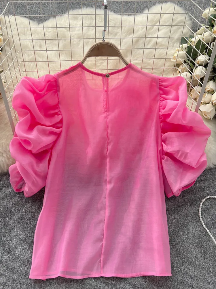 EWQ Three-dimensional Flower Fold Puff Sleeve Solid Color Design Chic Female Shirts Sweet Style And Youth Woman Blouses 27SN5727