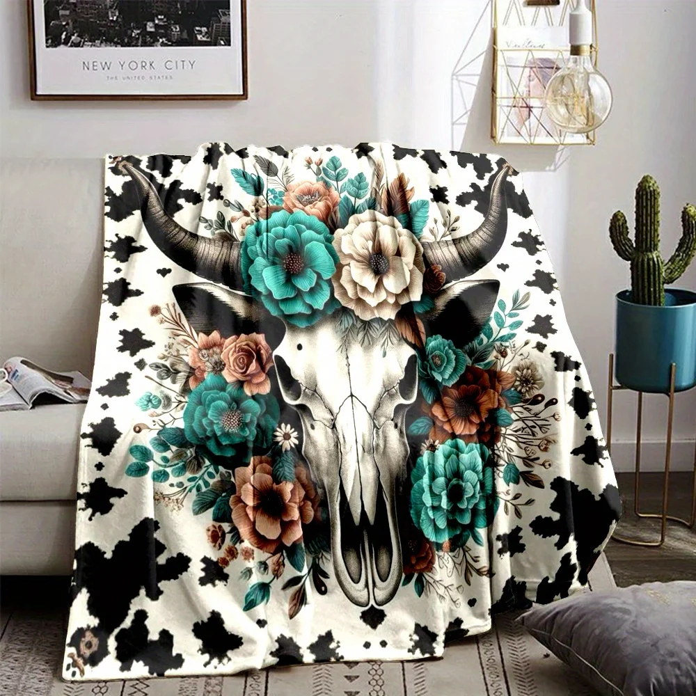 Boho Gothic Skull Floral Print Throw Blanket Steer Horn Animal Art Decorative Cozy Couch Throw Lap Gift Decor
