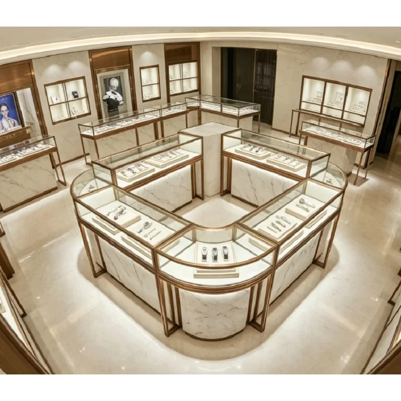 custom.Luxury Jewelry/Watch Island Display Counter with LED Lighting Premium Glass Showcase High-End Retail