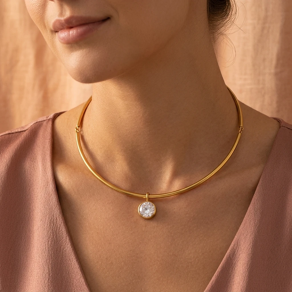 Miia Jewelry 18K Gold Edelstahl Choker Halskette Geometrischer Mehrform-Kristallanhänger Halskette für Frauen – Detail 17
