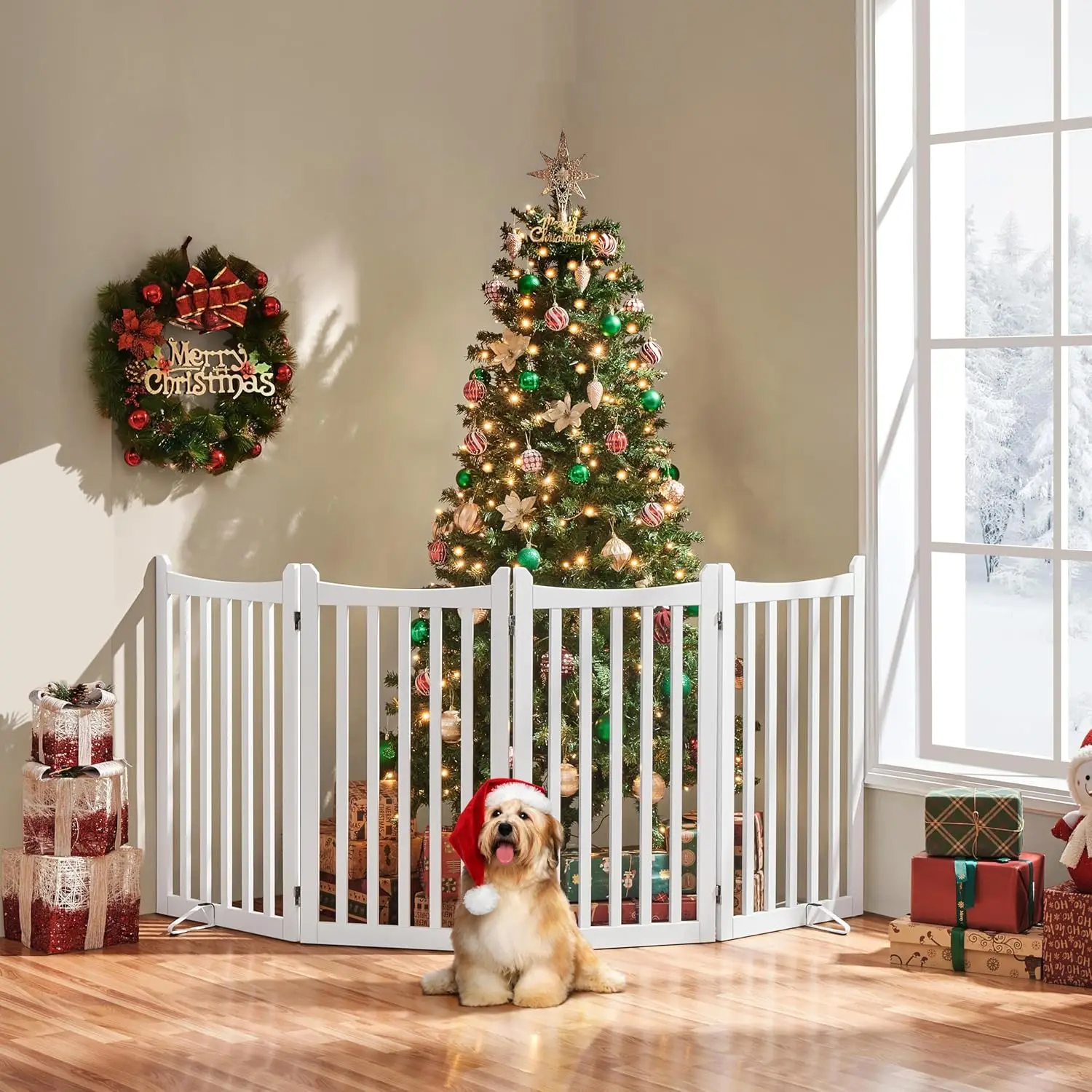 For Indoor, Stairs, Doorways, Halls, Kitchen, Wooden, White Pet Gate, 4-Panel, Freestanding, Folding, with 2 Support Feet