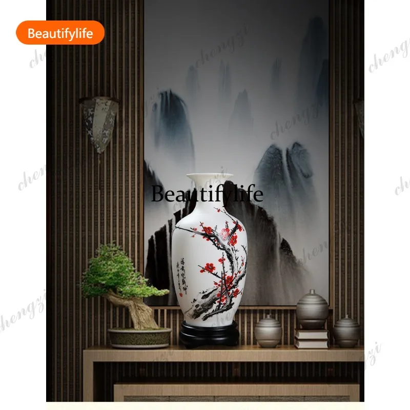 03 new Dehua white porcelain hand-painted plum blossom vase ornament, home living room Bogu rack/auspicious bottle
