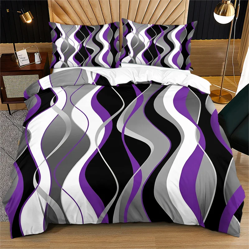 Duvet Cover Set Comforter Cover Bedding Set No Filler Abstract Geometric Wave Print Black Gray White Purple for modern bedroom