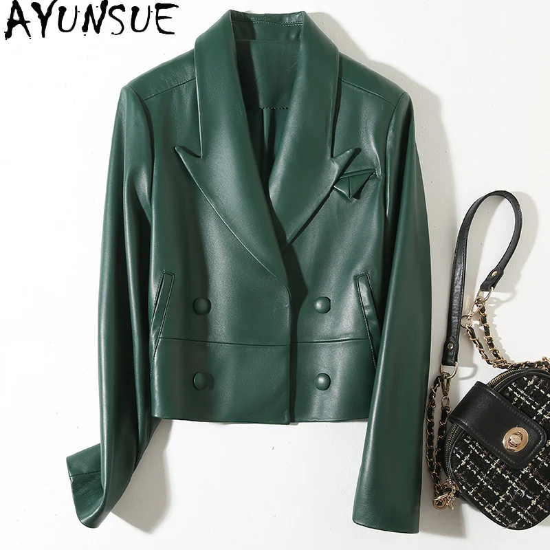 

AYUNSUE Real Leather Jacket Sheepskin Women's Motorcycle Leather Jacket Spring Autumn Green Short Trendy Coats Jaqueta Feminina