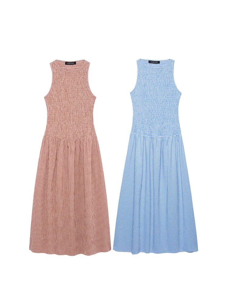 

KUCLUT Women Fashion Plaid Pleated Pullover A-Line Midi Dress Vintage O-Neck Sleeveless Female Chic Lady Dresses
