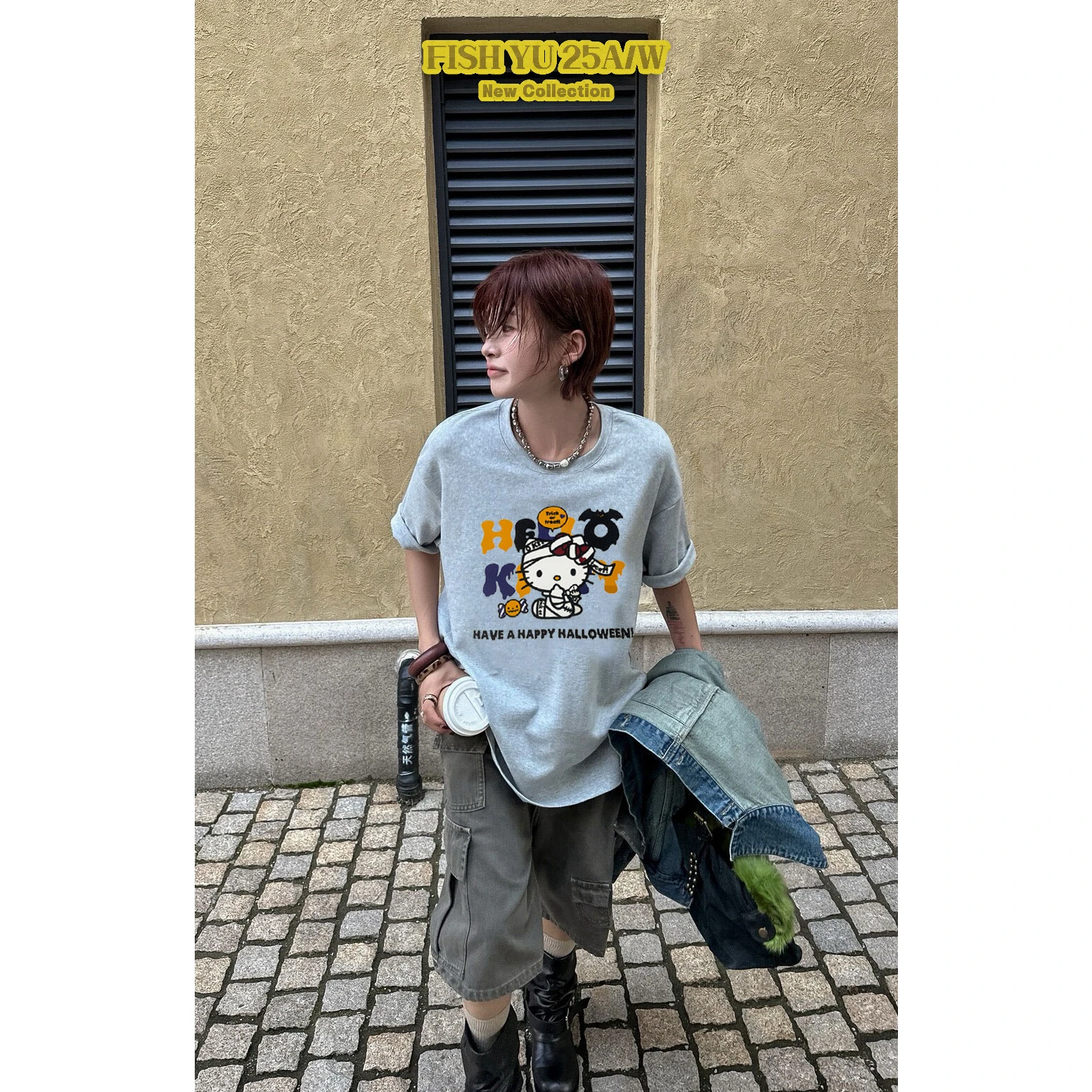 

Комплект Velvet Surface Fong Print Свободная круглая футболка Ne ort Sve FI YU loween Edition Зимний хлопковый повседневный топ