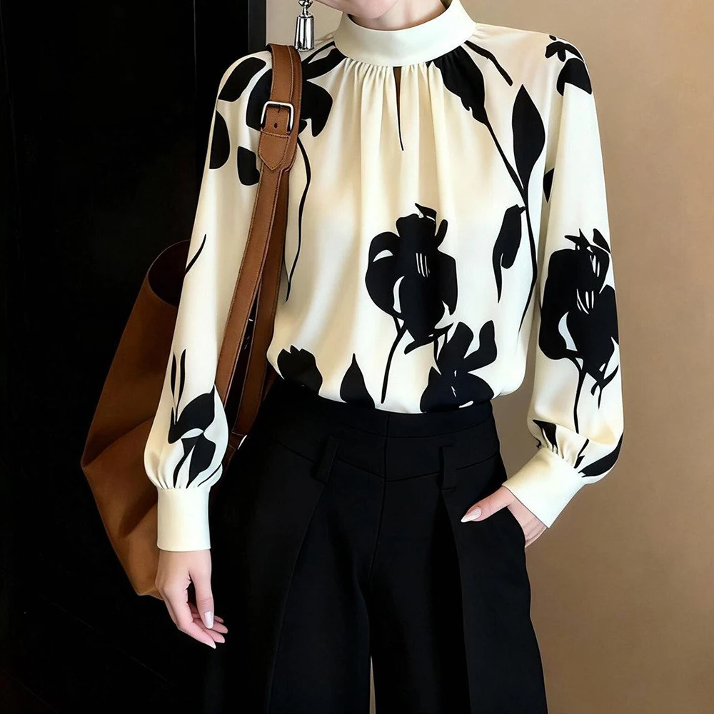 

French light luxury urban women wear printed long-sleeved women's spring 2026 new fashion age-reducing versatile top