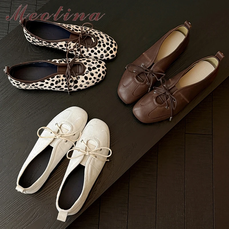 Meotina Women Genuine Leather Flats Round Toe Lace-up Concise Brand Design Ladies Fashion Shoes Spring Autumn Beige Brown 40