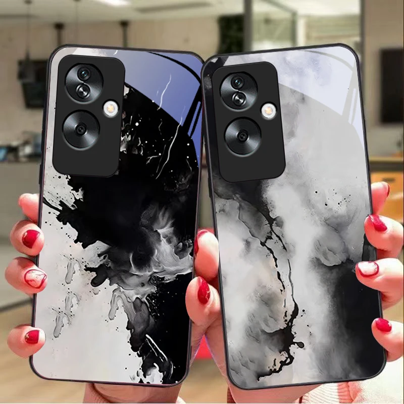 Stylish Ink Painting For Oppo A79 5G 58 78 74 60 4G Reno 11F Realme GT 6 11 Note 50 10 C55 X2 Tempered glass black phone case