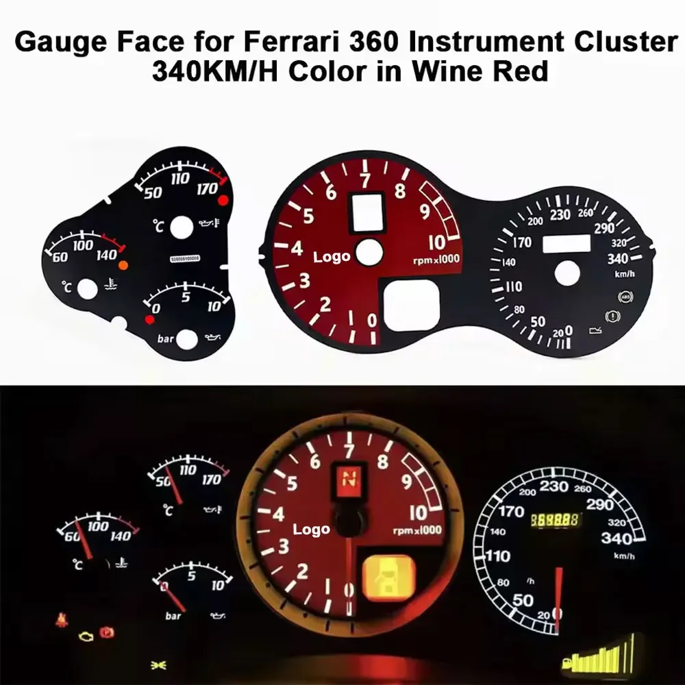 Gauge Face for Ferrari 360 Instrument Cluster 340KM/H Color in Wine Red/ Yellow /  Bright Red