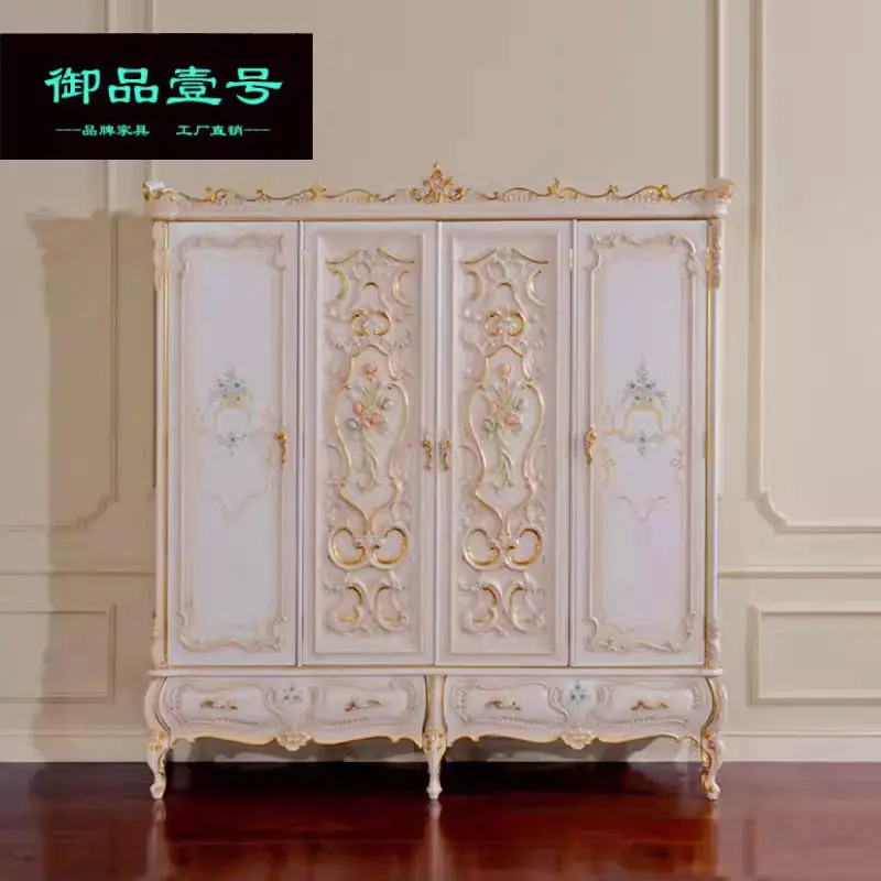 French romantic wardrobe court style solid wood hand-painted engraving sticker gold foil storage cabinet villa bedroom four-door