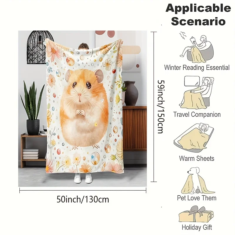 Cute Hamster Floral Flannel Throw Blanket Plush Sherpa Fleece Couch Decor Gift for Living Room Winter Cozy Bedding