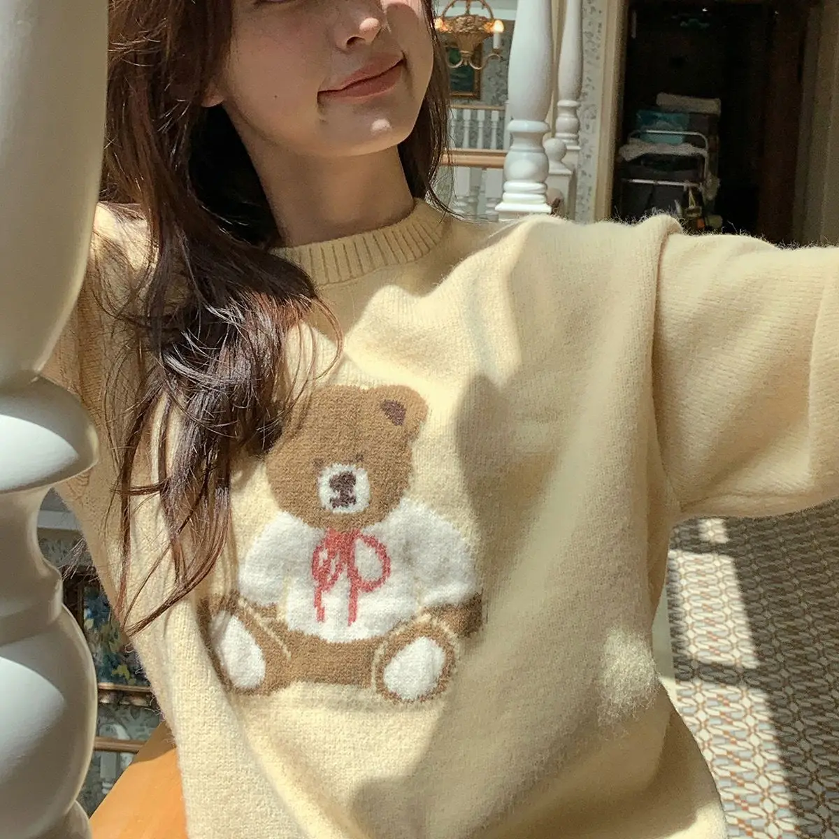 Harajuku Bogen Knoten Bär Nette Cartoon Stickerei Pullover Süße Lolita Mädchen Winter Gestrickte Jumper Y2K Tops Koreanische Pullover Lose