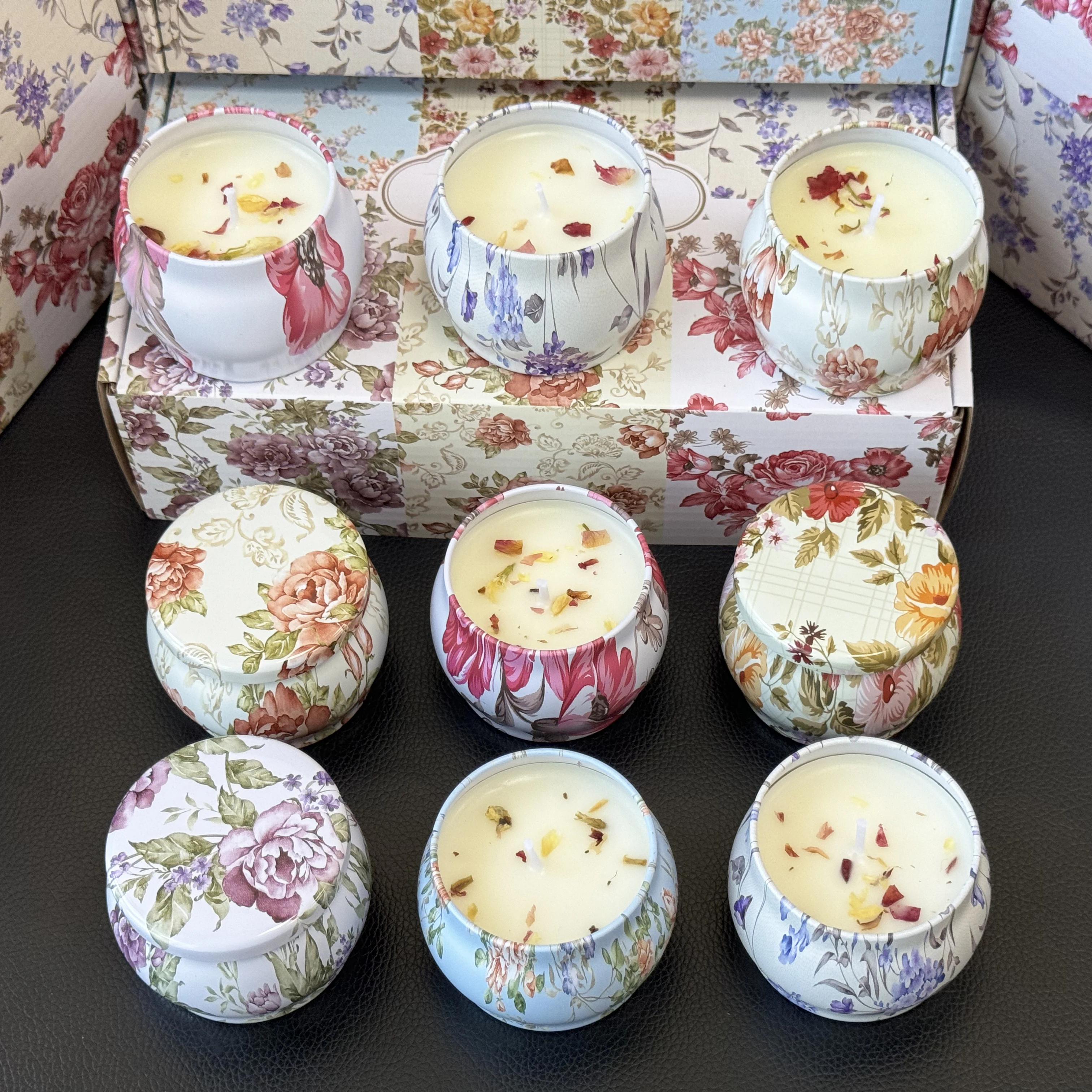 1 Box of 6 Tin Can Candle Set Soy Wax Essential Oil Dried Floral Scented Candle Gift Set Wedding Birthday Gift Home Decoration