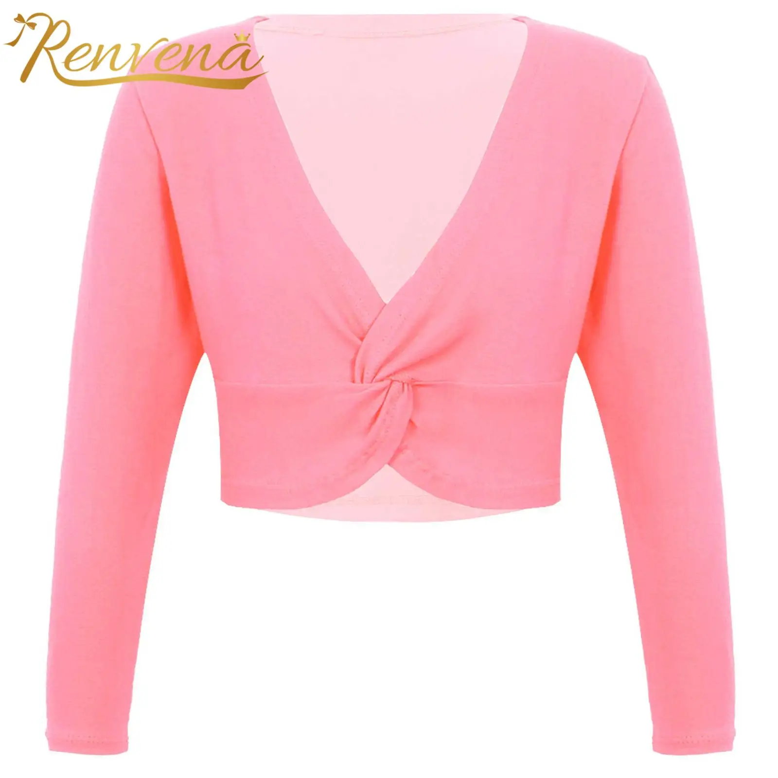 Kids Girls Long Sleeve Classic Coat V Neckline Knot Front Solid Color Leotard Jacket Long-sleeve Warm Ballet Tops Girls Bolero