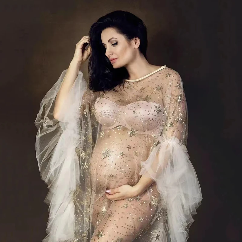 Sexy Lace Pregnant Women's Dress Round Neck Perspective Mesh Personalized Fashion Comfortable Maternity Photography Clothing