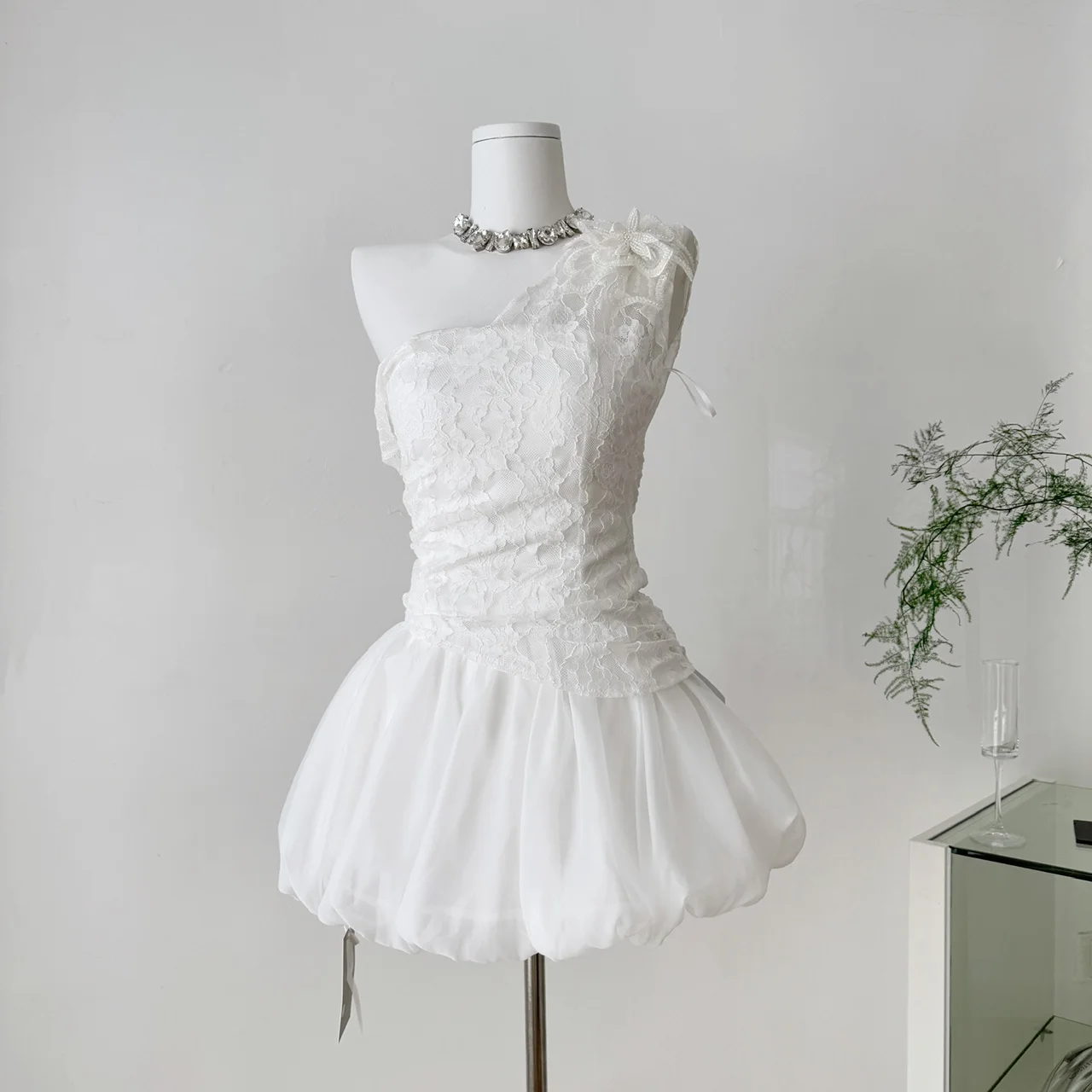 

Pure Desire Women's Sweet Spicy Svel Lace Crop Top with High Waist Flower Bud Puffy ort Skirt oulder Baring Outfit