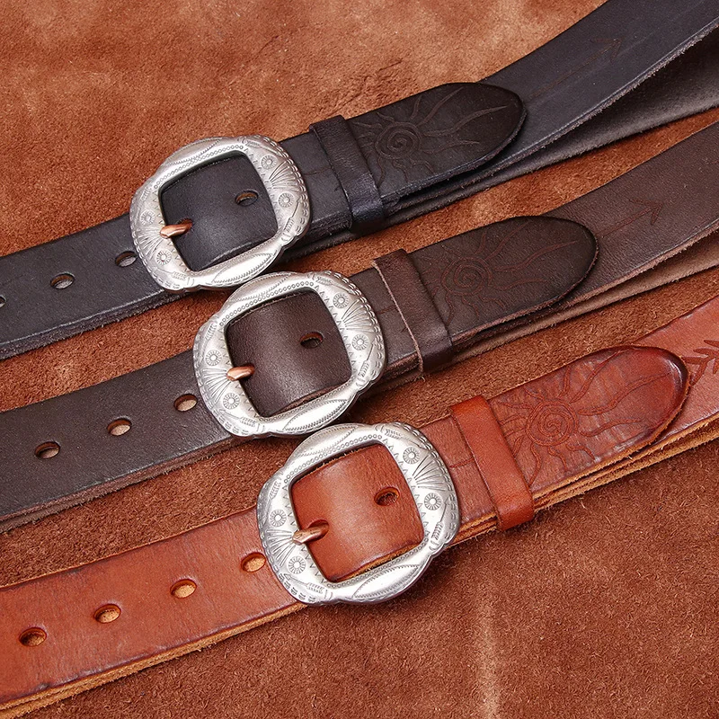 Luxury Belt for Men Pure Cowhide Genuine Leather Pin Buckle High Quality Famous Brand Waist Strap Belt for Jeans Carving Belt
