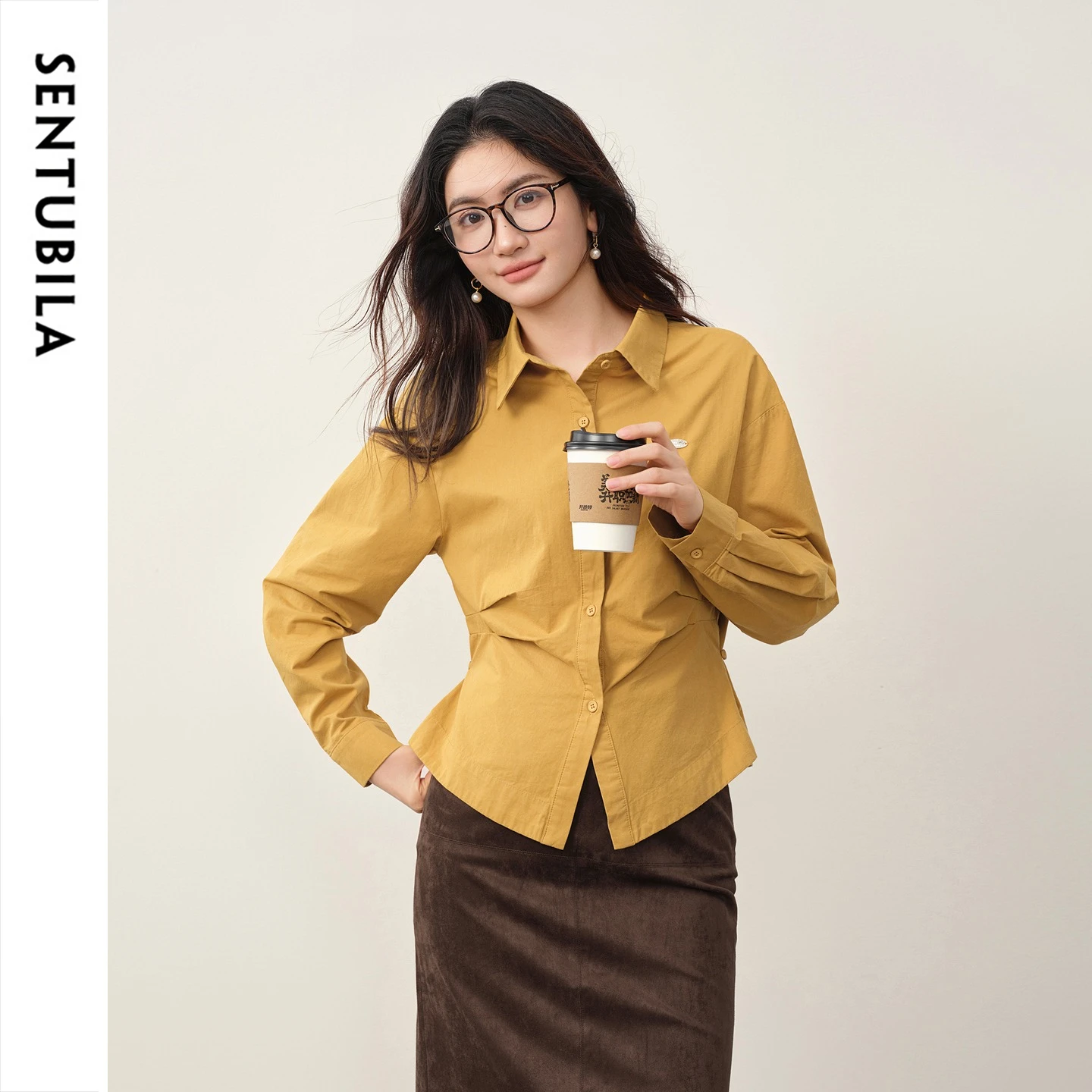 SENTUBILA Pure Cotton Women's Shirt 2026 Autumn Detachable Color‑Contrast Shawl Long Sleeve Top Drop‑Shoulder Blouse W63CA8308