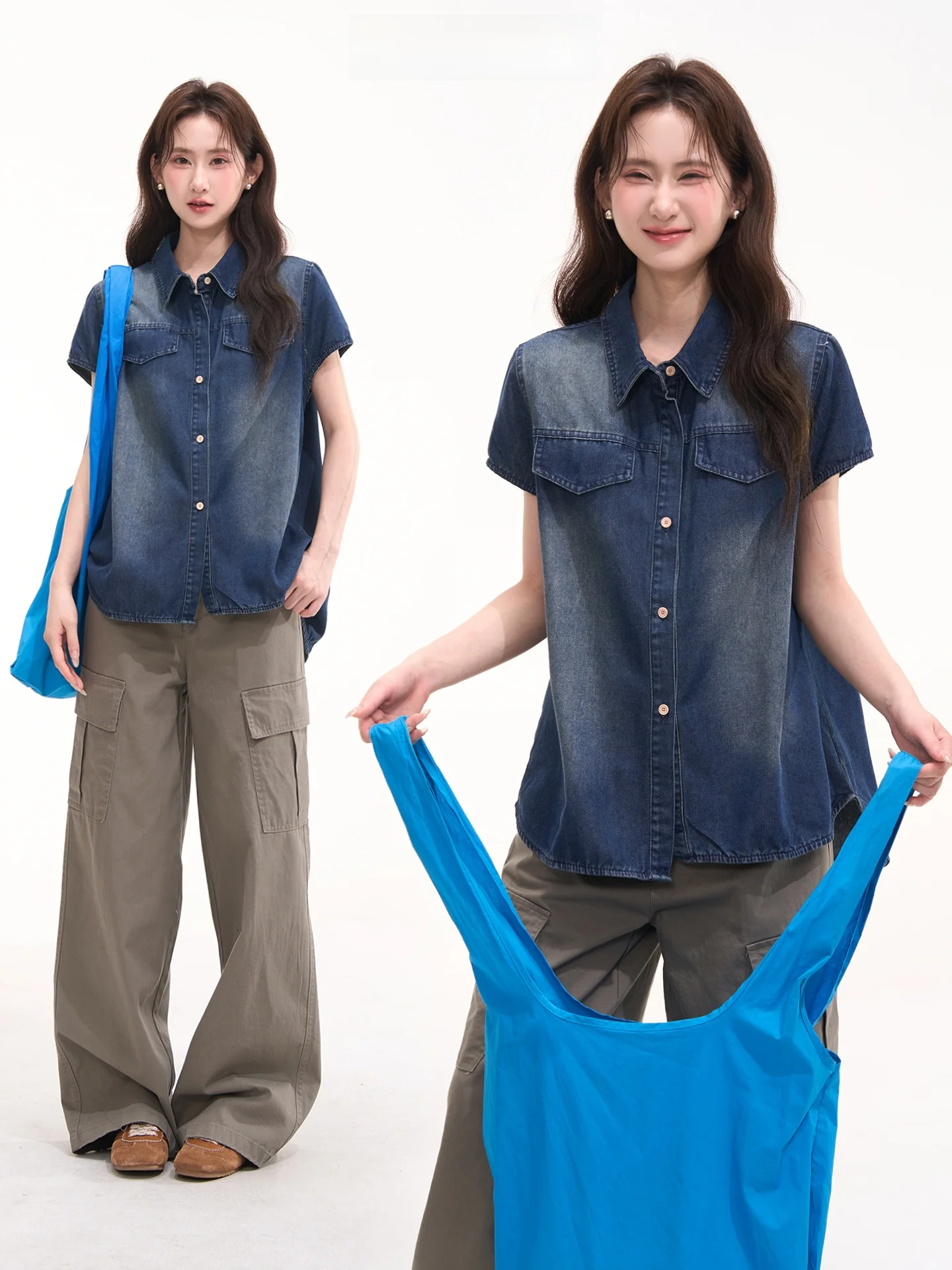 

Женская джинсовая рубашка Heme в корейском стиле, свободного кроя, с коротким рукавом, летний топ, универсальная повседневная одежда, Half Cup Dream Window